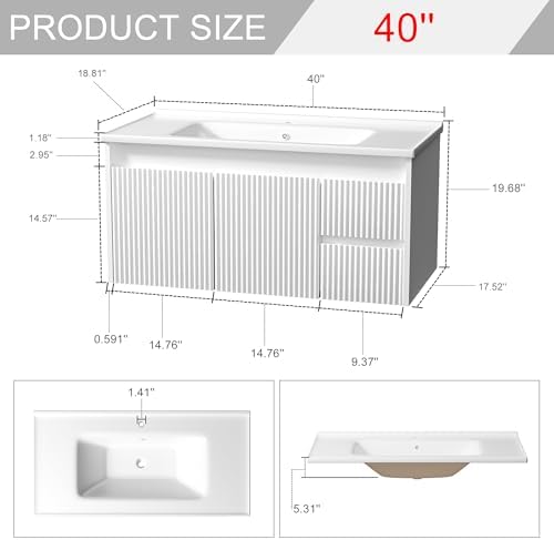 Smhxo Floating Bathroom Vanity with Sink, 40 Inch Wall Mounted Bathroom Vanity with 2 Drawers and Wave-Carved Design Door, Modern Wooden Cabinet with Ceramic Sink and Storage, White