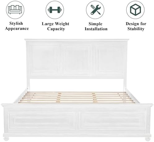 Farmhouse King Size Bed Frame with Tall Headboard & Footboard,Wooden King Bed Frame with Wood Panel Bed Base, No Squeak, No Box Spring Needed, White