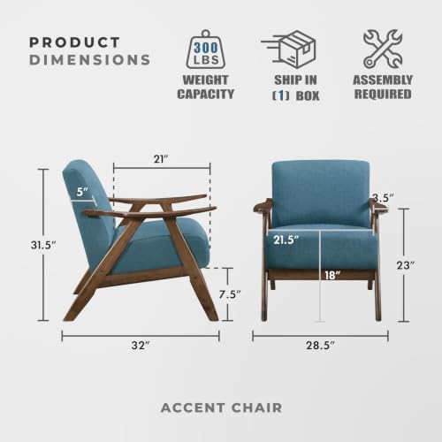 Lexicon Mid Century Modern Accent Chair with Solid Wood Frame in Walnut Finish, Upholstered Living Room Lounge Arm Chair, Thick and Comfy Innerspring Seat Cushion, Linen-Look Fabric, Blue
