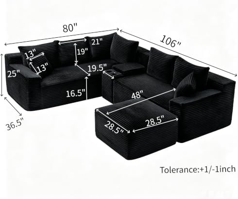 106-Inch Oversized L-Shaped Corner Cloud Couch Modular Cloud Sectional Couch W/Console & Ottoman, Compression Boneless Corner Sofa Plush Corduroy Sectional Sofa for Living Room