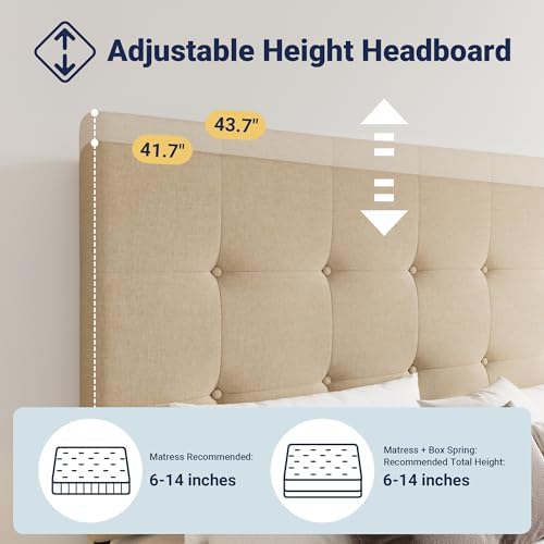 Allewie Queen Size Storage Bed Frame with 4 Underbed Drawers, Upholstered Platform Bed with Adjustable Headboard, Square Button Tufted, Easy Assembly, Noise-Free, No Box Spring Needed, Beige