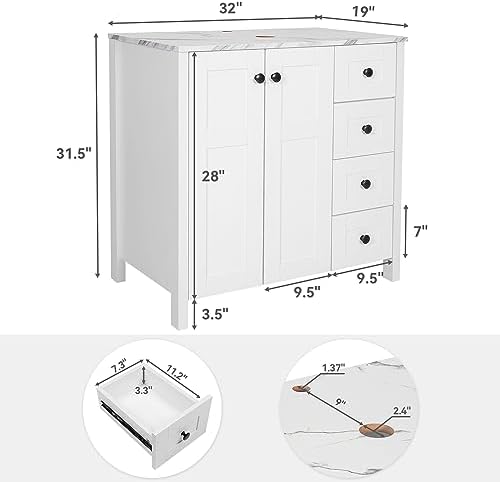 32 Inch White Bathroom Vanity with Marble Texture Top and 4 Drawers, Modern Standing Pedestal Cabinet with Clear Boat Glass Vessel Sink