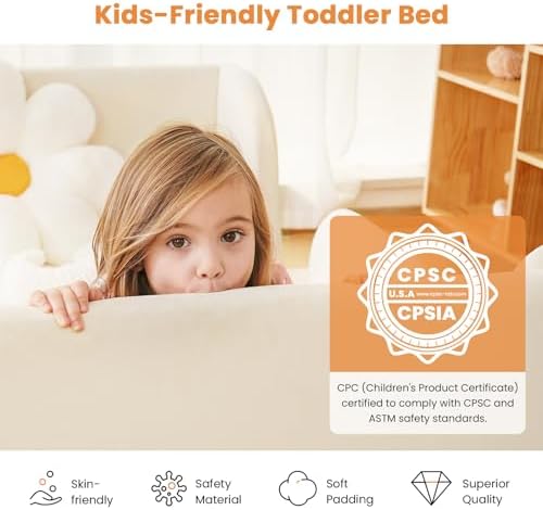 Toddler Bed, Toddler Floor Bed Frame with Wood Slats, Small Beds with Removable Safety Guardrails, Standard Crib Size Kids Bed for Girl and Boy, White