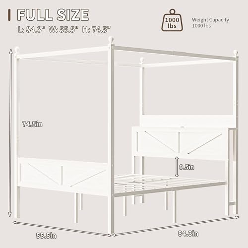 Canopy Bed Frame Full Size with Storage Headboard, Beige