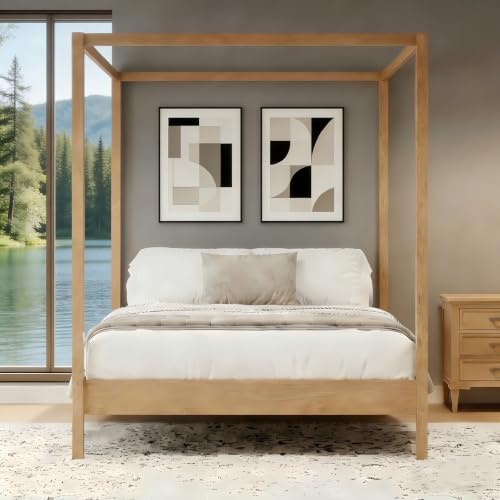 LUMISOL King Size Canopy Bed Frame, Solid Wood 4 Poster Canopy Platform Bed Frame with Slats and Support Legs, No Box Spring Needed, Easy Assembly, Natural