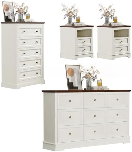 KIGOTY Farmhouse Bedroom Set, 4 Pcs Dresser and Nightstand Sets, 9/5 Drawer Dresser & 2 Drawer Nightstand Set with Charging Station,Rustic Wood Bedroom Furniture Set for Home