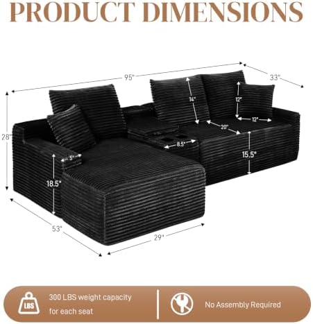 95" L Shaped Cloud Couch Modular Sectional Sofa, Comfy Fluffy Corduroy Black Boneless Sectional Couches for Living Room, Modern Cloud Sofas with Cup Holders & Left Facing Chaise, Black