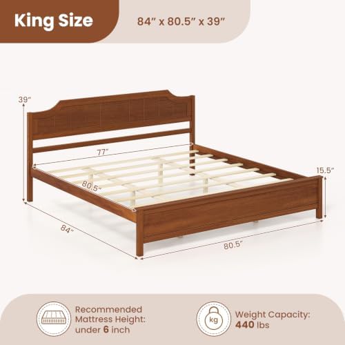 GIANTEX King Size Wooden Bed Frame with Headboard, Wood Slat Support