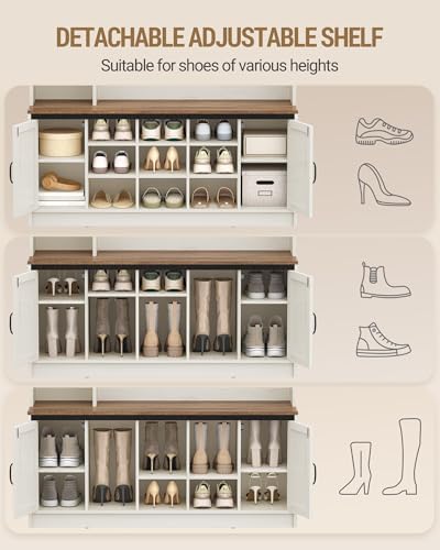 Hzuaneri 47.2" Hall Tree, LED Farmhouse Entryway Storage and Coat Rack Wood, Entryway Furniture with 7 Hooks, Hall Tree with Bench and Storage, 6 Storages Partitions Shoe Bench, Rustic White HT24514X