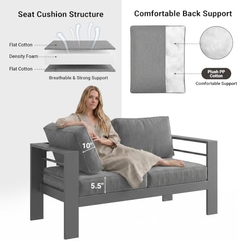 Solaste 5-Seaters Aluminum Outdoor Patio Furniture Set, Patio Sectional with 5" Thick Cushion, Outdoor Furniture with Coffee Table, Patio Sofa for Porch, Backyard, Deck, Yard, Dark Grey