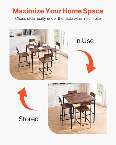 VEVOR Bar Table and Chairs Set, 5PCS 35″ Bars Tables Set with Rounded Edge Design, Square Pub Table with Four Stools for Living Room, Dining Room, Kitchen, Walnut Color, Black