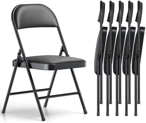 Folding Chairs 6 Pack, PU Leather Padded Folding Chairs for Outside and Indoor, Heavy Duty Portable Foldable Metal Commercial Seat for Home Office, Dorm, Party, Backyard, Lawn, Patio, Black