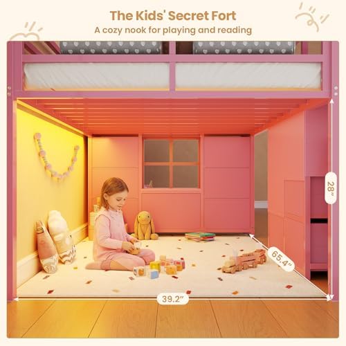 BTHFST Low Loft Bed Twin Size with Stairs,LED Lights,7 Large Drawers, Pink
