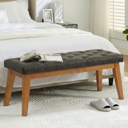 43.5" Padded Button Tufted Faux Leather End of Bed Bench, Charcoal Gray