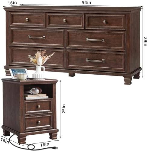 SAVOR LIFE Farmhouse Dresser and Nightstand Sets 3 Piece, Walnut