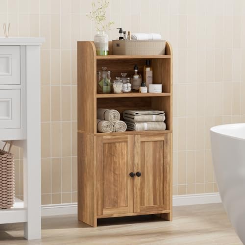 Homhedy Small Bathroom Storage Cabinet, Toilet Paper Storage Cabinet | Bathroom Floor Cabinet with Doors and Shelves, Bathroom Organizers for Small Spaces, 7.9"D x 14.6"W x 31"H, Rustic Walnut