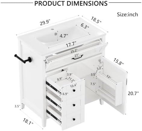 YOPTO 30" Bathroom Vanity with Sink, Freestanding Bathroom Cabinet | Ceramic Top & Backsplash, 3 Storage Drawers, 1 Tilt-Out Storage, Adjustable Shelving, Door Storage and Towel Bar, White
