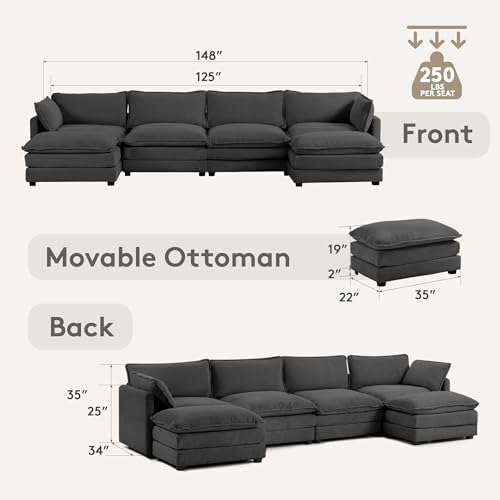 ROWHY 148'' Modular Sectional Cloud Couch with 2 Movable Ottomans, Oversized 6 Seat Modern Corduroy Sofas, Deep Seat U Shaped Couch for Living Room Bedroom Apartment,Dark Grey