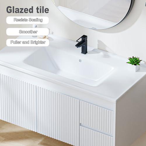 Smhxo Floating Bathroom Vanity with Sink, 40 Inch Wall Mounted Bathroom Vanity with 2 Drawers and Wave-Carved Design Door, Modern Wooden Cabinet with Ceramic Sink and Storage, White