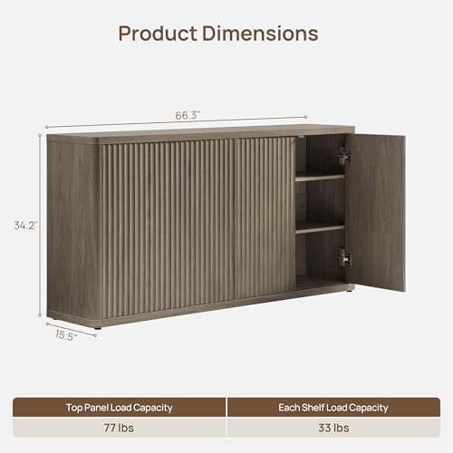 SICOTAS Buffet Cabinet with Storage Accent Sideboard with 4 Doors 66.3" Wide Fluted Credenza Modern Buffet Table Media Console Cabinet Entryway Cabinets for Living Room Kitchen Dining Room Hallway