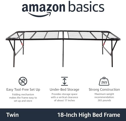 Amazon Basics Foldable Metal Platform Bed Frame, Noise-Free Mattress Foundation with Tool-Free Assembly, 18 Inches High, Sturdy Steel Frame, No Box Spring Needed, Twin Size, Black