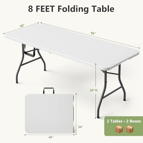 Folding Table 2 Pack, 8 FT Foldable Plastic Table with Carrying Handle, Heavy Duty Portable Fold-in-Half Utility Table for Party, Camping, Banquet, Craft, Wedding, Indoor & Outdoor Use