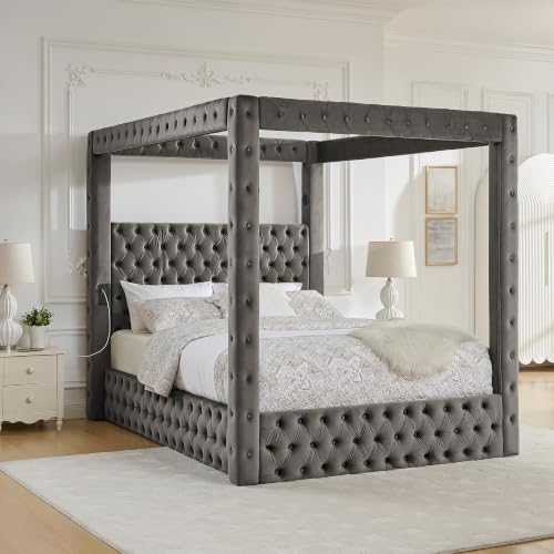 LUMISOL Canopy Bed Frame Queen Size, Velvet Upholstered Platform Bed with Button Tufted Headboard, Four Posters, Built-in Speaker and Charging Station, Heavy Duty Mattress Foundation, Grey