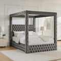 LUMISOL Canopy Bed Frame Queen Size, Velvet Upholstered Platform Bed with Button Tufted Headboard, Four Posters, Built-in Speaker and Charging Station, Heavy Duty Mattress Foundation, Grey