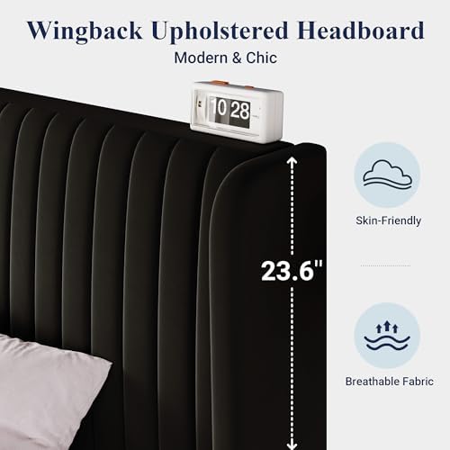 Allewie Full Size Velvet Bed Frame/Vertical Channel Tufted Wingback Headboard/Upholstered Platform Bed/Strong Wooden Slats/No Box Spring Needed/Easy Assembly/Black