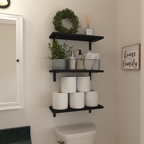 WOPITUES Wood Floating Shelves Set of 6, Shelves for Wall Decor, Farmhouse Shelf for Bedroom, Bathroom Storage Shelves, Book Shelves for Living Room-Black (Pack of 2)