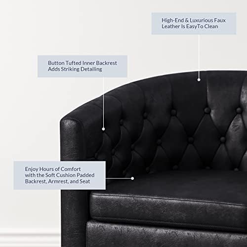 BELLEZE Black Accent Chairs for Living Room, Elegant Arm Chair Upholstered Tufted Barrel Chair Club Chair for Bedroom with Sturdy Legs and Faux Leather - Berlinda (Black)