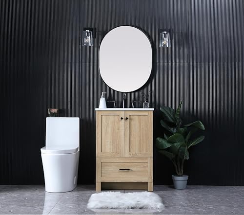 24" Pre-Assembled Bathroom Vanity with Sink, MDF Engineered Wood, Ivory White Engineered Marble Countertop Attached, Single Rectangle Porcelain Sink, 1 Soft-Close Drawers, Mango Wood