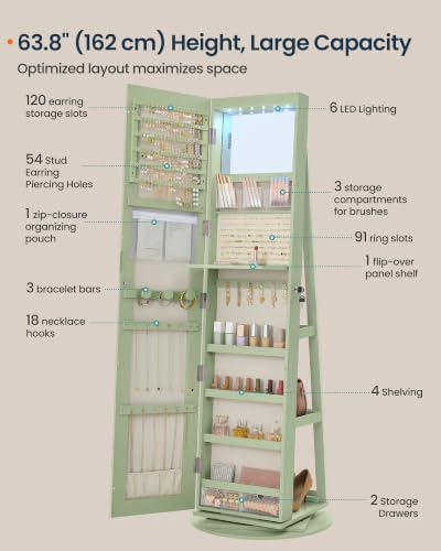 SONGMICS HOME Standing Jewelry Armoire, Full Length Mirror with Storage | Lockable Jewelry Cabinet with 6 LED Lights, Built-in Vanity, Laurel Green Surface, Cream White Lining UJJC007C01SH