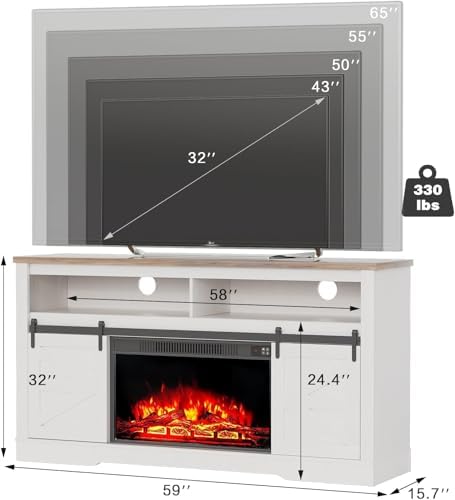 YESHOMY Farmhouse Fireplace TV Stand for TVs up to 65+ Inch, Rustic White