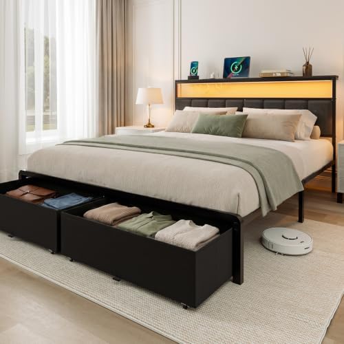 Queen Bed Frame with 2 Storage Drawers, Grey Upholstered