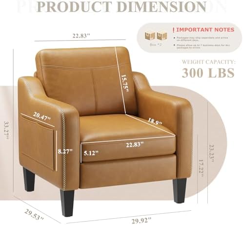 MALOL PU Leather Accent Chair Set of 2, Mid-Century Modern Living Room Armchair Sofa with Removable Cushions, Solid Wood Frame & Stitched Armrest Design, Bedroom Chair with Plastic Legs, Brown