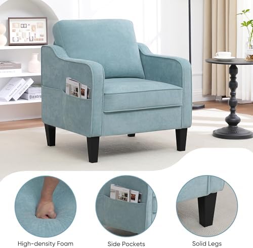Accent Chairs Set of 2, Upholstered Living Room Chairs with Side Pockets, Mid Century Modern Reading Chair for Bedroom, Comfy Armchair Single Sofa Side Chair for Office, Small Room, Teal Green