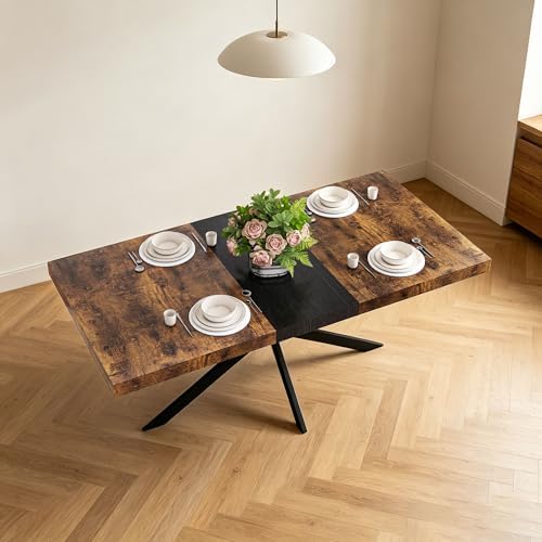 Extendable Dining Table for 4-6 People, 55" to 71" Expandable Table with Hidden Storage Drawer and Black Metal Base, Modern Rectangular Kitchen Dining Table, Brown & Black