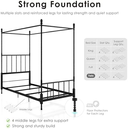 Furniture of America Vaeli Modern Metal Twin Size Four Poster Bed Frame with Spindles, Canopy Bedframe for Bedroom, Guest Room, Box Spring Required, White