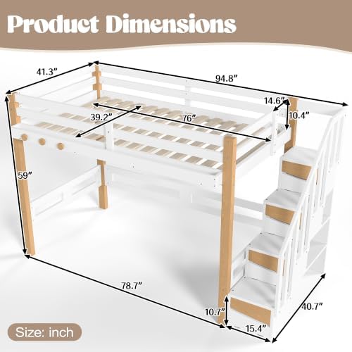 KEIKI Twin Size Wooden Loft Bed Frame with Staircase, Clothes Hook, White