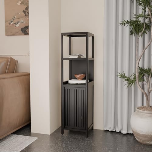 GDFStudio 52" Tall Bamboo Storage Cabinet, Slim Freestanding Linen Tower with 2 Open Shelves & Door Cabinet, Narrow Bathroom Organizer for Bedroom, Living Room, Laundry Room, Kitchen, Natural Bamboo