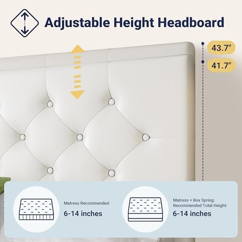 Allewie King Size Storage Bed Frame with 4 Underbed Drawers, Upholstered Platform Bed with Adjustable Headboard, Diamond Button Tufted, Easy Assembly, Noise-Free, No Box Spring Needed, White