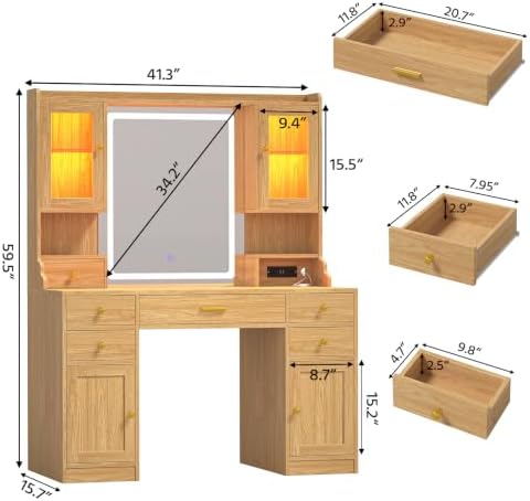 CSZZD Makeup Vanity Desk with Lighted Mirror & RGB Storage Cabinets | 3 Colors Vanity Table Set with Power Outlet & 6 Drawers, Large Dressing Table with Open Storage Shelves for Bedroom
