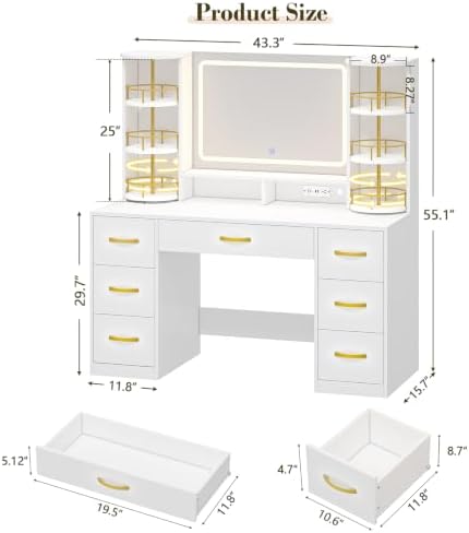 CSZZD White Vanity Desk with 360° Rotating Organizer & Charging Station | Large Makeup Vanity with LED Lighted Mirror and 6 Storage Drawers, Bedroom Vanity Table for Women Girls