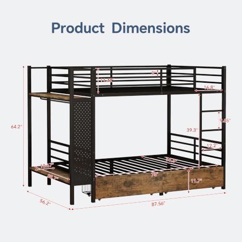 Full Over Full Metal Bunk Bed with Storage Station & Rolling Drawers