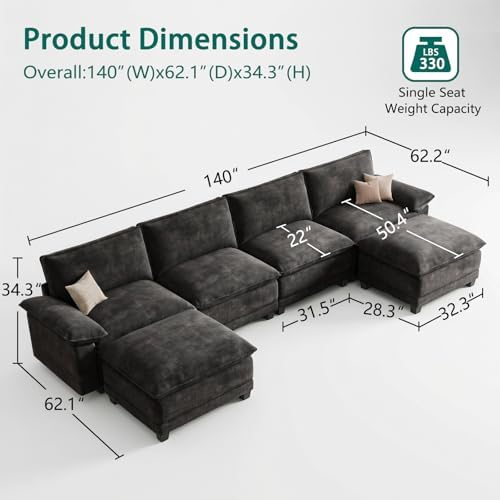 140" Modular Sectional Couch, U Shaped Cloud Sofa for Living Room