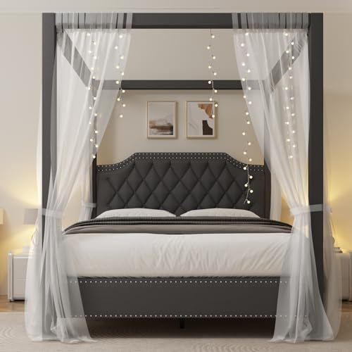 GarveeHome Upholstered Canopy Bed Queen Size with Button Tufted headboard
