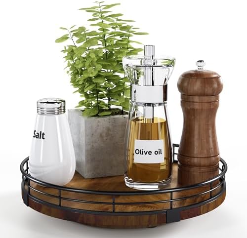 AMH 9-Inch Farmhouse Oak Wood Lazy Susan Organizer for Table Top, Walnut