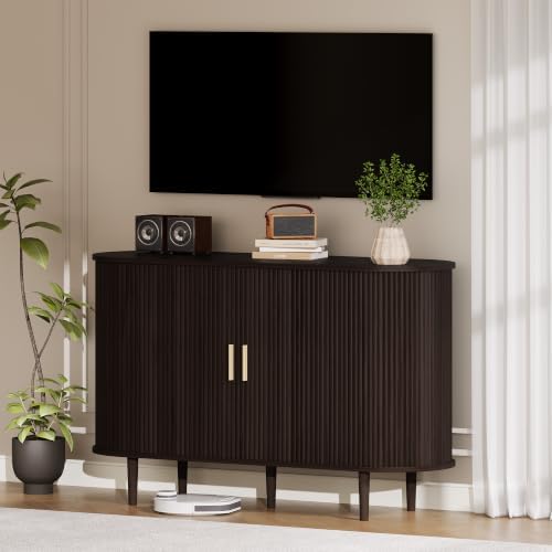 47.2" Sideboard Buffet Cabinet with Sliding Door,Fluted Cabinet with Storage & 2 Adjustable Shelfs,Mid Century Modern Coffee Bar Console Table for Kitchen, Living Room, Entryway，Dark Walnut
