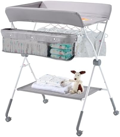 VEVOR Baby Changing Table, Foldable Diaper Change Station with Side Basket, Adjustable Height Changing Table with Lockable Wheels, Multi-Functional Nursery Storage Organizer, Gray